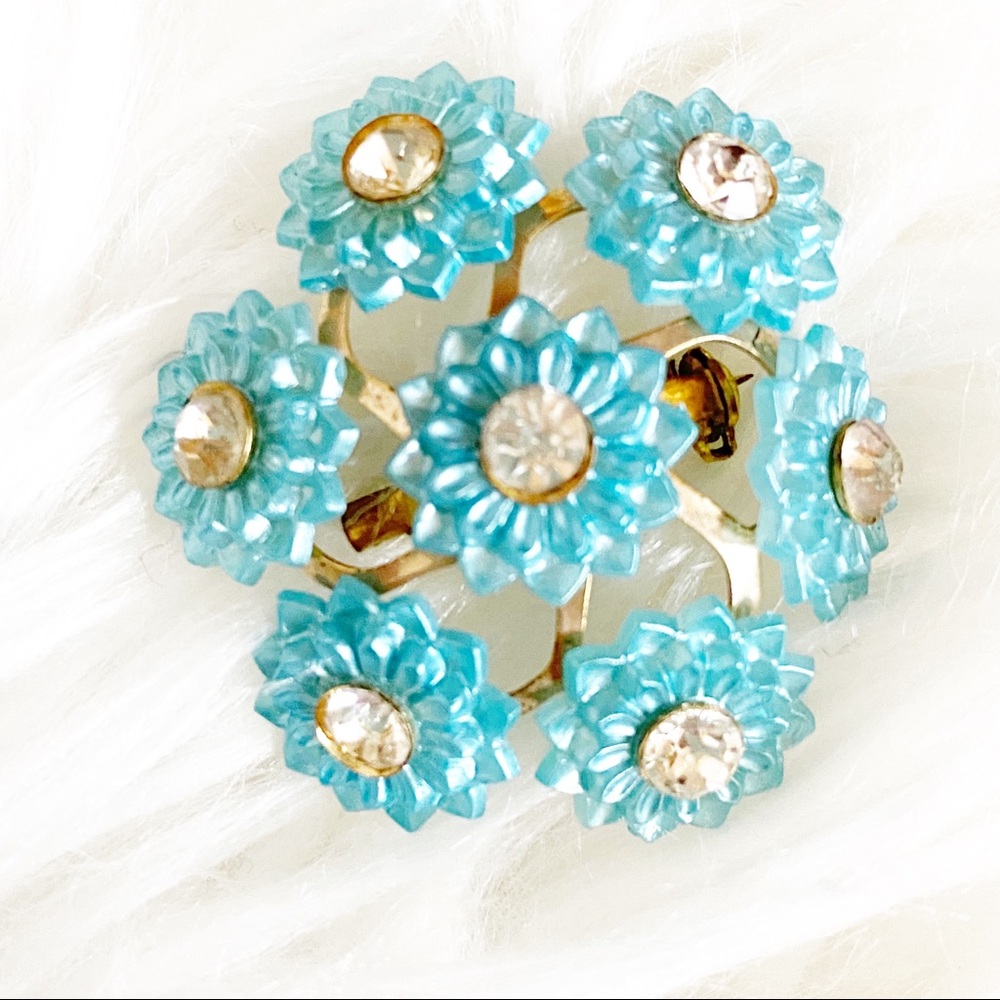 Vintage Blue Flower Rhinestone Brooch - Picture 7 of 8